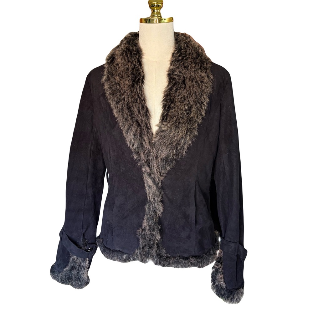Vintage Black Faux Fur Trim Faux Suede Jacket